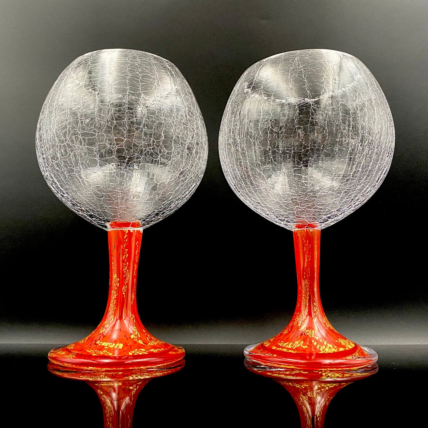 Sakata Jinnai (Jin) Handmade Blown Glass Red Gold Painted Gold Leaf Gold Painted Shinjinmon Glass Wine Glasses Set of 2 #232