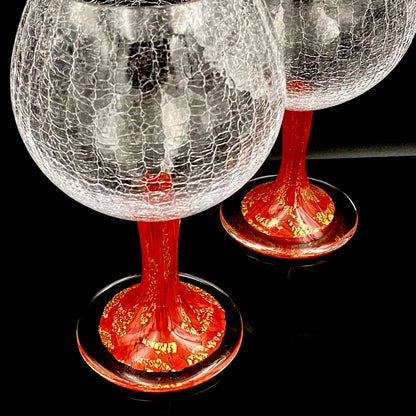 Sakata Jinnai (Jin) Handmade Blown Glass Red Gold Painted Gold Leaf Gold Painted Shinjinmon Glass Wine Glasses Set of 2 #232