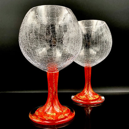 Sakata Jinnai (Jin) Handmade Blown Glass Red Gold Painted Gold Leaf Gold Painted Shinjinmon Glass Wine Glasses Set of 2 #232