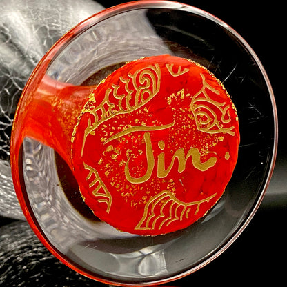 Sakata Jinnai (Jin) Handmade Blown Glass Red Gold Painted Gold Leaf Gold Painted Shinjinmon Glass Wine Glasses Set of 2 #232