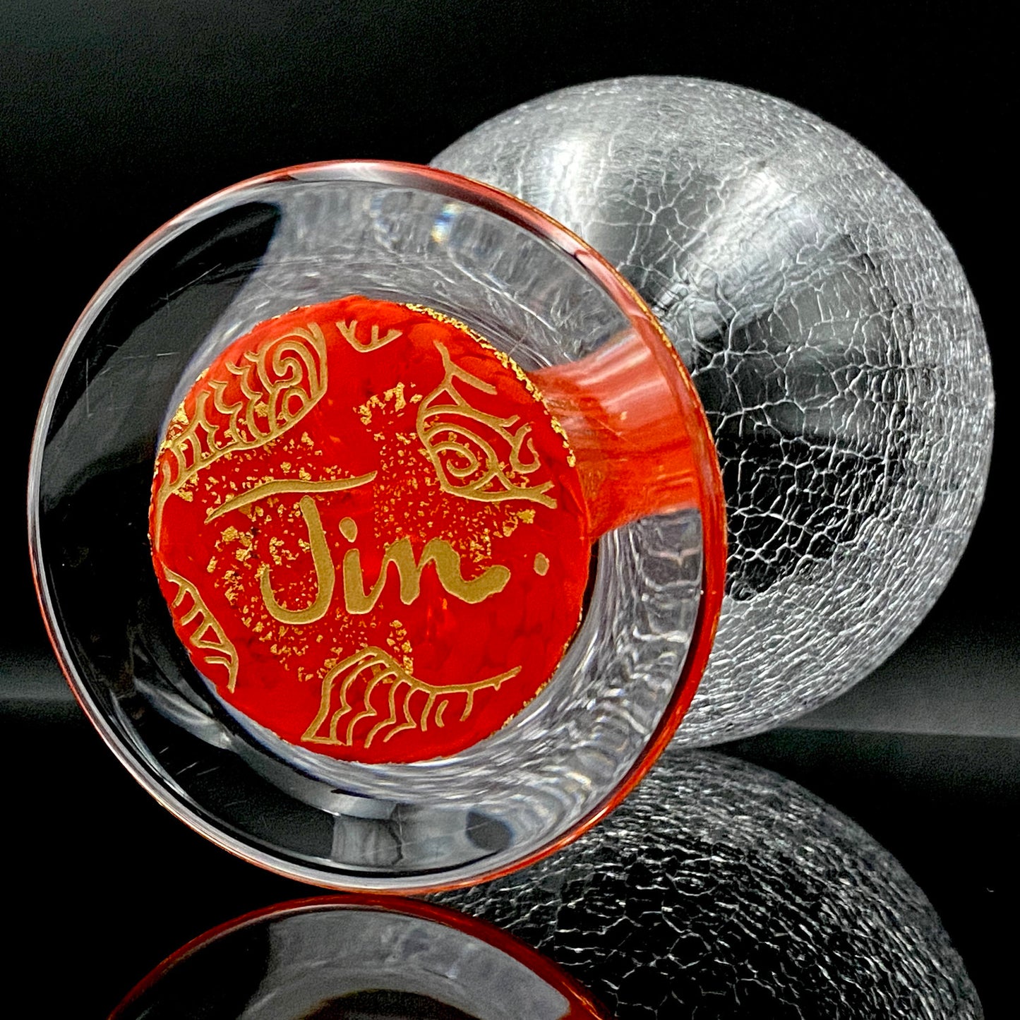 Sakata Jinnai (Jin) Handmade Blown Glass Red Gold Painted Gold Leaf Gold Painted Shinjinmon Glass Wine Glasses Set of 2 #232