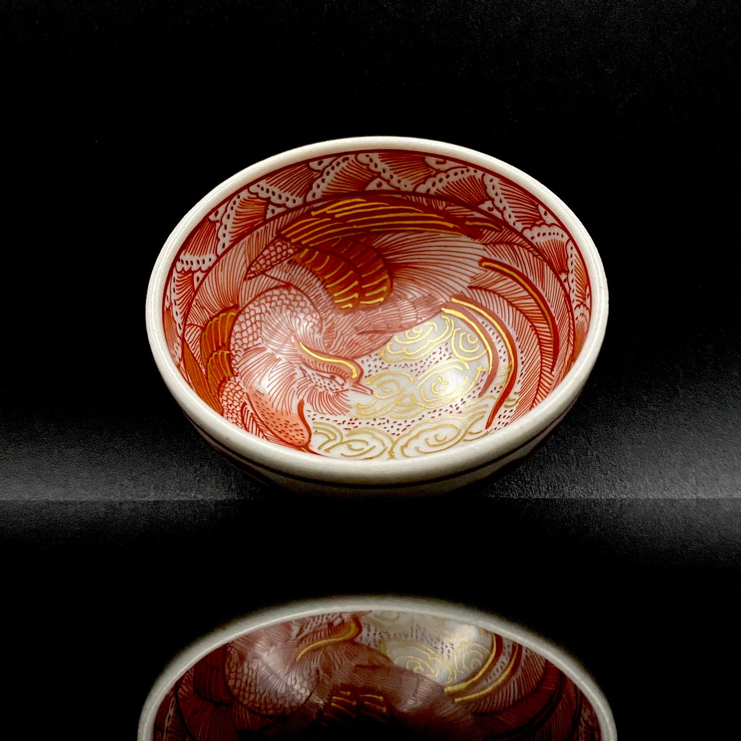 九谷焼 園江久雄堂 峯久 造 赤絵金彩 仁清写 鳳凰文 細密描画 金彩 赤絵 ぐい呑 ショットグラス #226