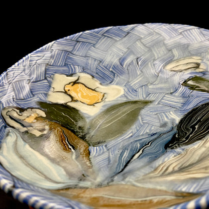 Hiroshima Prefecture Important Intangible Cultural Property Holder, Yasuhide Uchida, Mature Later Period, 1984 Masterpiece, Lost Legendary Technique "Hyori-Kantsu Nishiki-Neriage-de", White Camellia Design Tall-Footed Dish #258