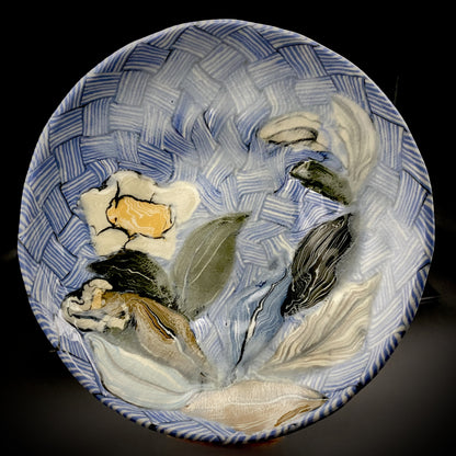 Hiroshima Prefecture Important Intangible Cultural Property Holder, Yasuhide Uchida, Mature Later Period, 1984 Masterpiece, Lost Legendary Technique "Hyori-Kantsu Nishiki-Neriage-de", White Camellia Design Tall-Footed Dish #258