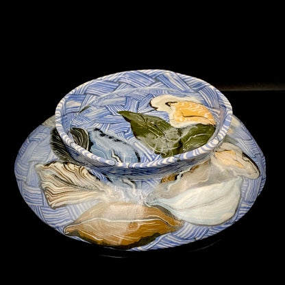 Hiroshima Prefecture Important Intangible Cultural Property Holder, Yasuhide Uchida, Mature Later Period, 1984 Masterpiece, Lost Legendary Technique "Hyori-Kantsu Nishiki-Neriage-de", White Camellia Design Tall-Footed Dish #258