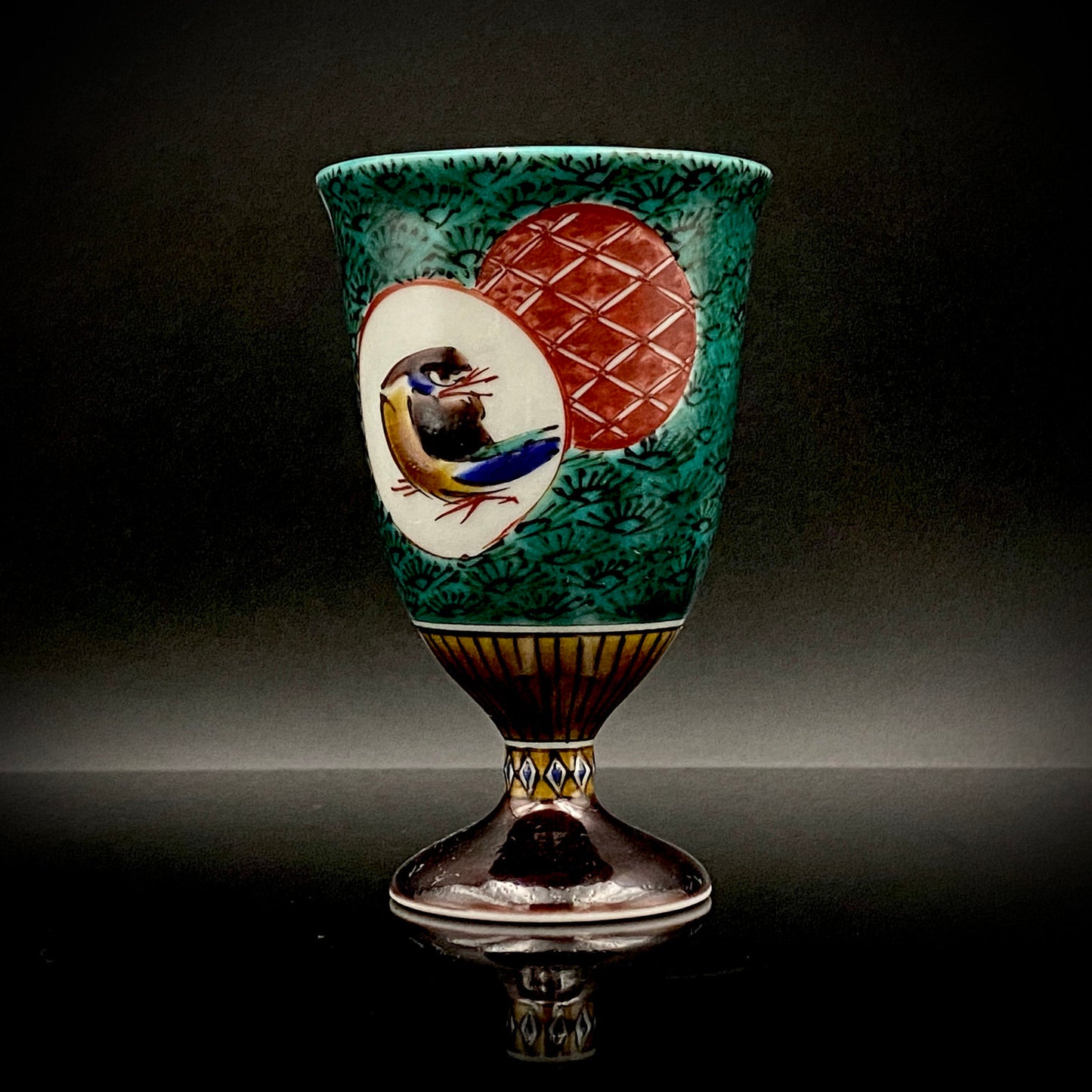日本伝統工芸展受賞作家 松浦 慎弥 作 色絵割取小紋鳥文 馬上杯 馬上盃 ジャパニーズコウゲイ テイスティンググラス #243