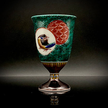 日本伝統工芸展受賞作家 松浦 慎弥 作 色絵割取小紋鳥文 馬上杯 馬上盃 ジャパニーズコウゲイ テイスティンググラス #243