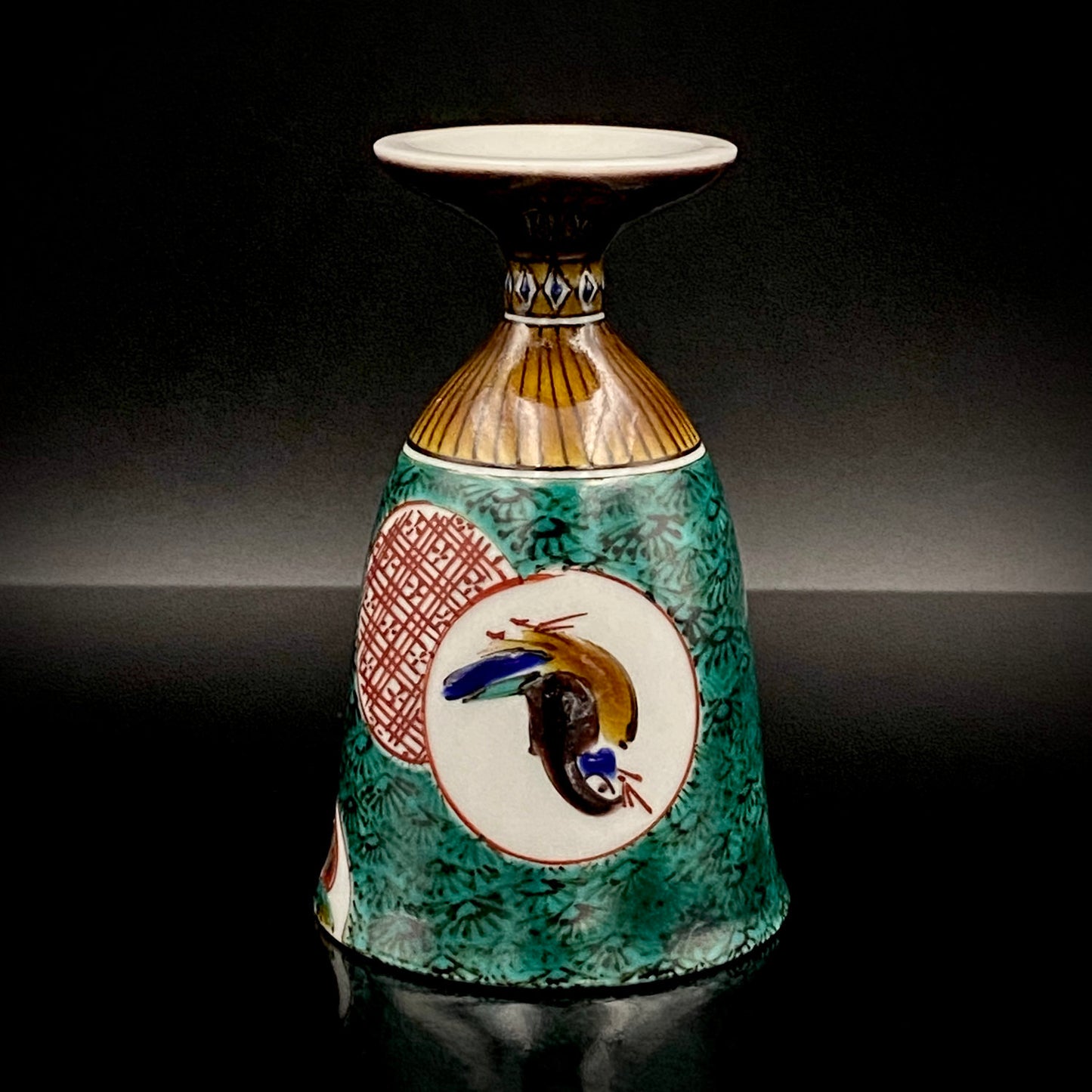 日本伝統工芸展受賞作家 松浦 慎弥 作 色絵割取小紋鳥文 馬上杯 馬上盃 ジャパニーズコウゲイ テイスティンググラス #243