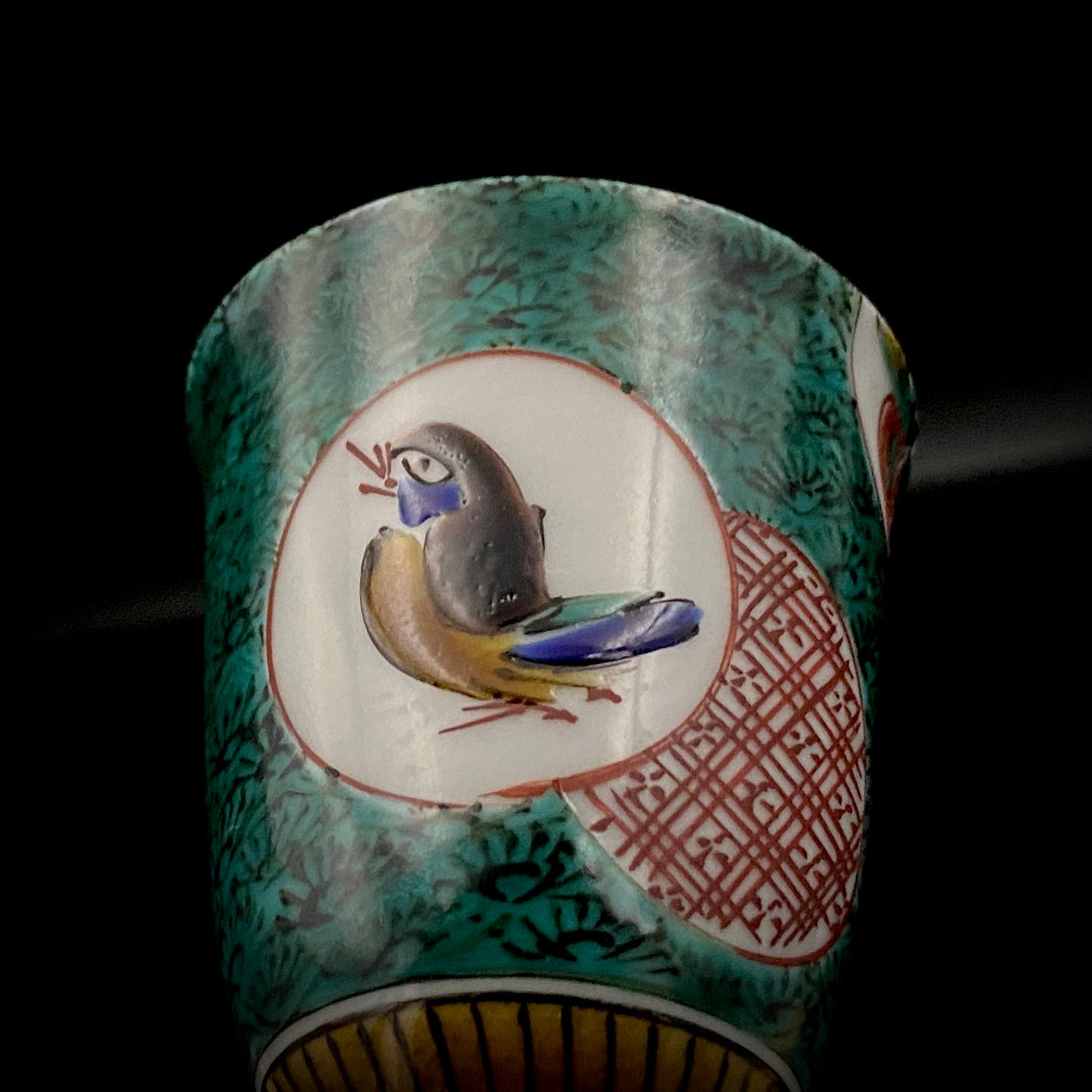 日本伝統工芸展受賞作家 松浦 慎弥 作 色絵割取小紋鳥文 馬上杯 馬上盃 ジャパニーズコウゲイ テイスティンググラス #243