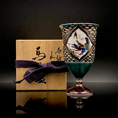 日本伝統工芸展受賞作家 松浦 慎弥 作 色絵割取馬上杯 風景鷹鳥鎮座人物文 馬上杯 馬上盃 ジャパニーズコウゲイ テイスティンググラス #244