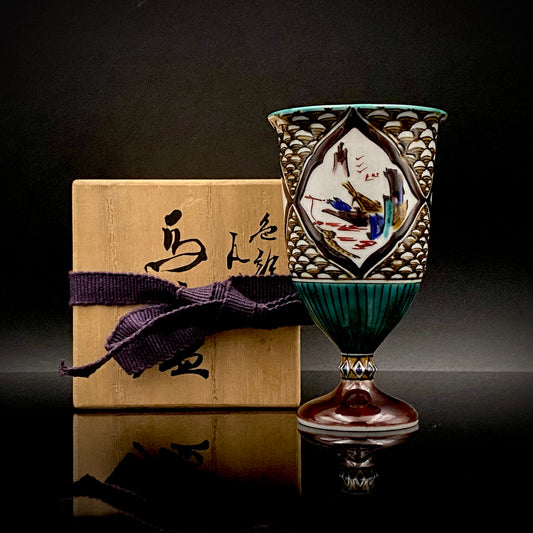 日本传统工艺展获奖者 松浦慎弥（Matsuura Shinya）作品 色绘割取马上杯 风景鹰鸟镇座人物文 马上杯 马上盏 Japanese Kogei 试饮杯 #244