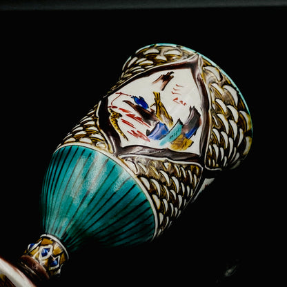 日本伝統工芸展受賞作家 松浦 慎弥 作 色絵割取馬上杯 風景鷹鳥鎮座人物文 馬上杯 馬上盃 ジャパニーズコウゲイ テイスティンググラス #244