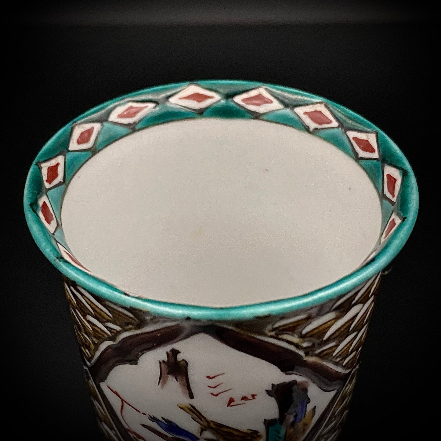 日本伝統工芸展受賞作家 松浦 慎弥 作 色絵割取馬上杯 風景鷹鳥鎮座人物文 馬上杯 馬上盃 ジャパニーズコウゲイ テイスティンググラス #244