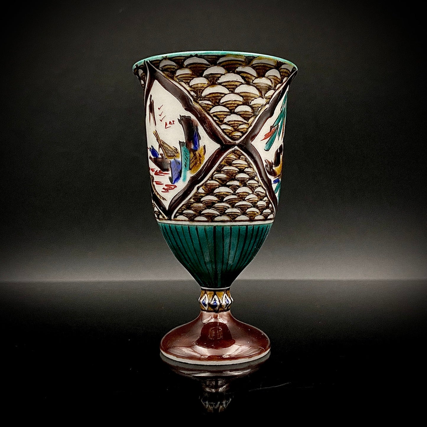 日本伝統工芸展受賞作家 松浦 慎弥 作 色絵割取馬上杯 風景鷹鳥鎮座人物文 馬上杯 馬上盃 ジャパニーズコウゲイ テイスティンググラス #244