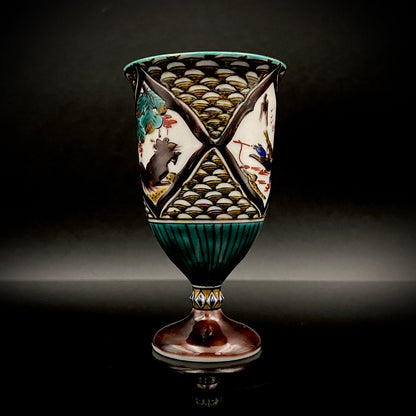 日本伝統工芸展受賞作家 松浦 慎弥 作 色絵割取馬上杯 風景鷹鳥鎮座人物文 馬上杯 馬上盃 ジャパニーズコウゲイ テイスティンググラス #244