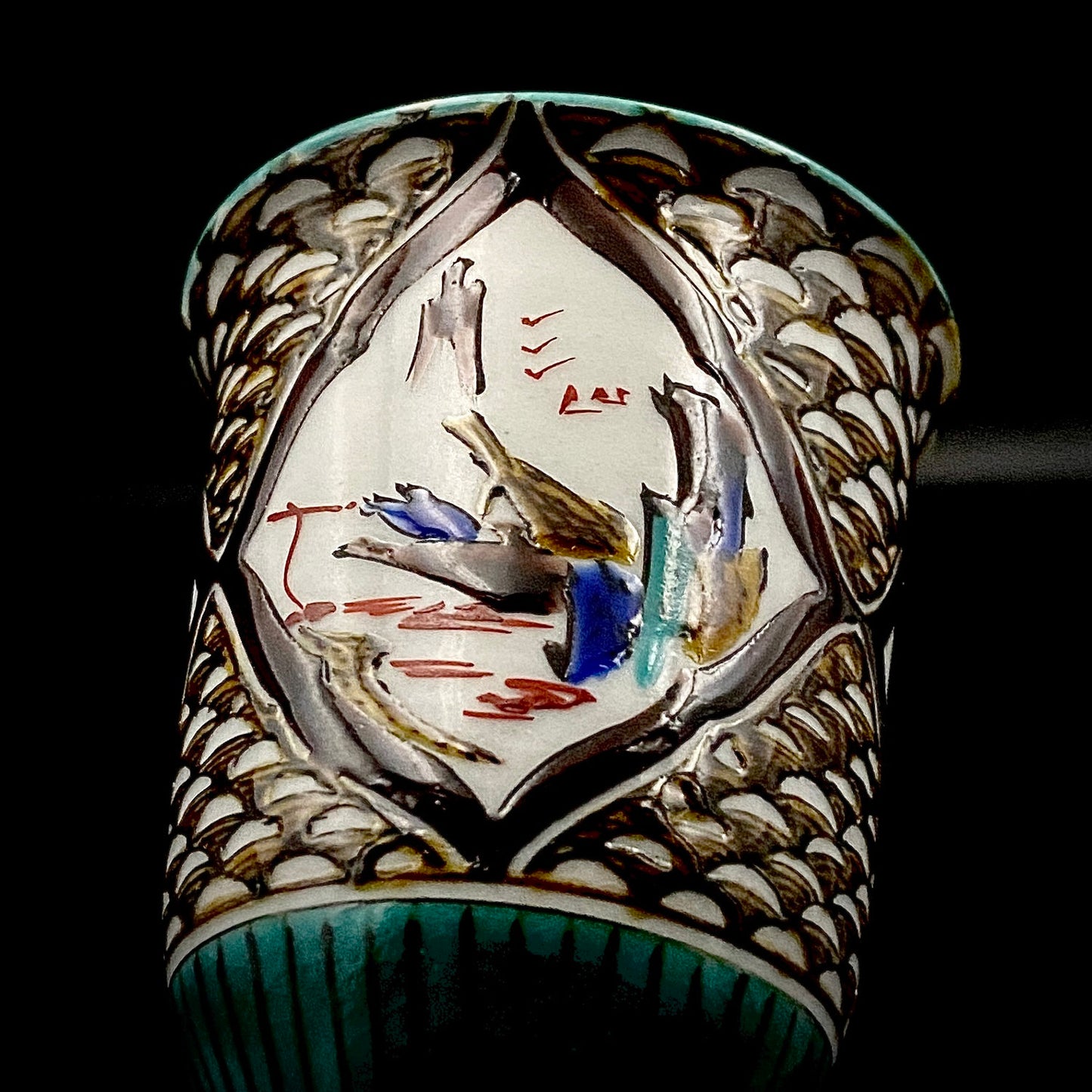 日本伝統工芸展受賞作家 松浦 慎弥 作 色絵割取馬上杯 風景鷹鳥鎮座人物文 馬上杯 馬上盃 ジャパニーズコウゲイ テイスティンググラス #244