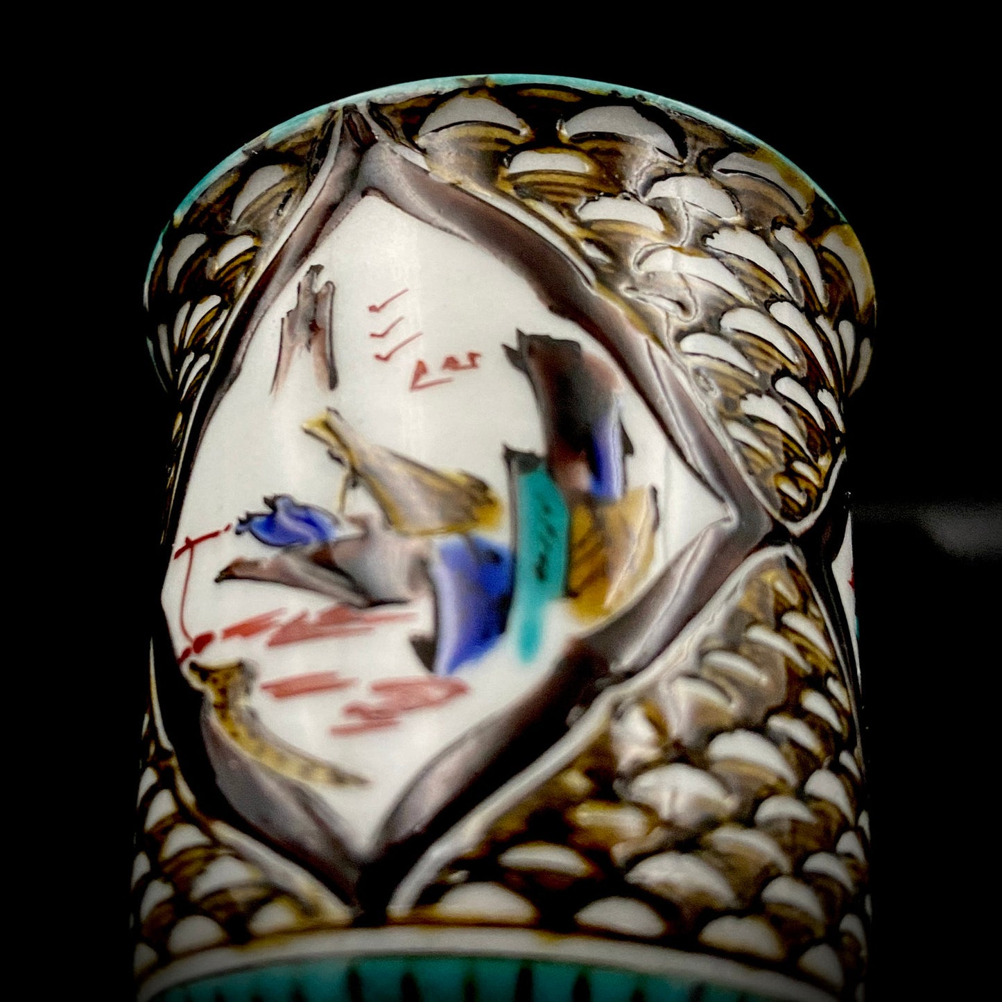 日本伝統工芸展受賞作家 松浦 慎弥 作 色絵割取馬上杯 風景鷹鳥鎮座人物文 馬上杯 馬上盃 ジャパニーズコウゲイ テイスティンググラス #244