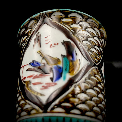 日本伝統工芸展受賞作家 松浦 慎弥 作 色絵割取馬上杯 風景鷹鳥鎮座人物文 馬上杯 馬上盃 ジャパニーズコウゲイ テイスティンググラス #244