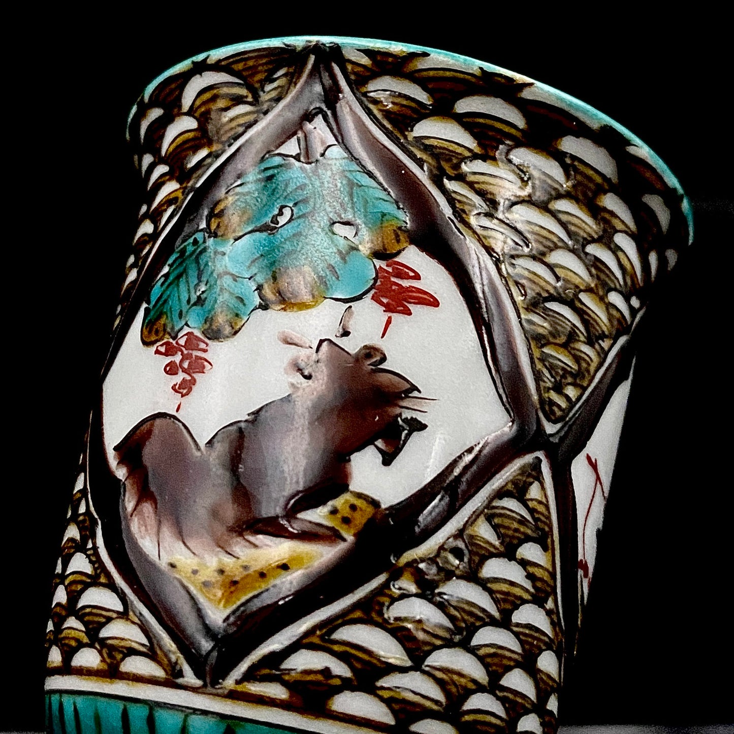 日本伝統工芸展受賞作家 松浦 慎弥 作 色絵割取馬上杯 風景鷹鳥鎮座人物文 馬上杯 馬上盃 ジャパニーズコウゲイ テイスティンググラス #244