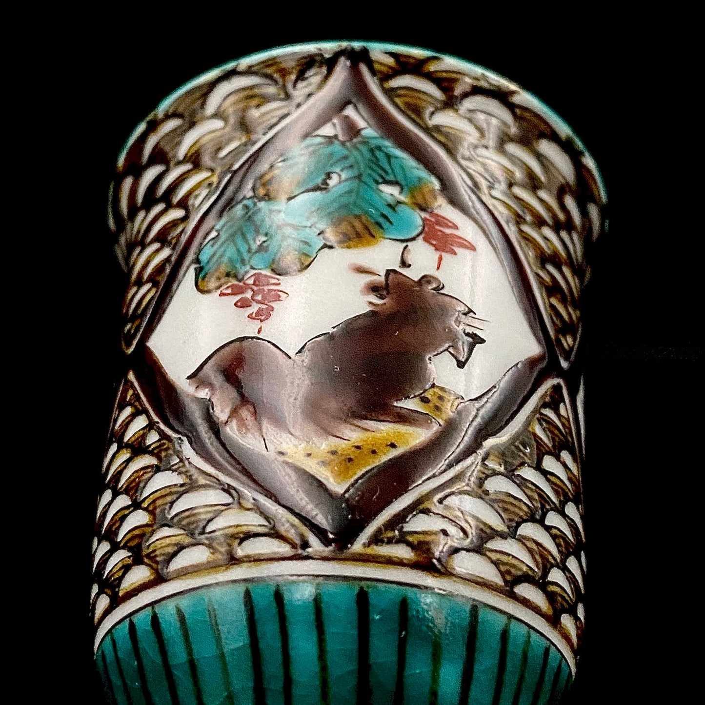 日本伝統工芸展受賞作家 松浦 慎弥 作 色絵割取馬上杯 風景鷹鳥鎮座人物文 馬上杯 馬上盃 ジャパニーズコウゲイ テイスティンググラス #244