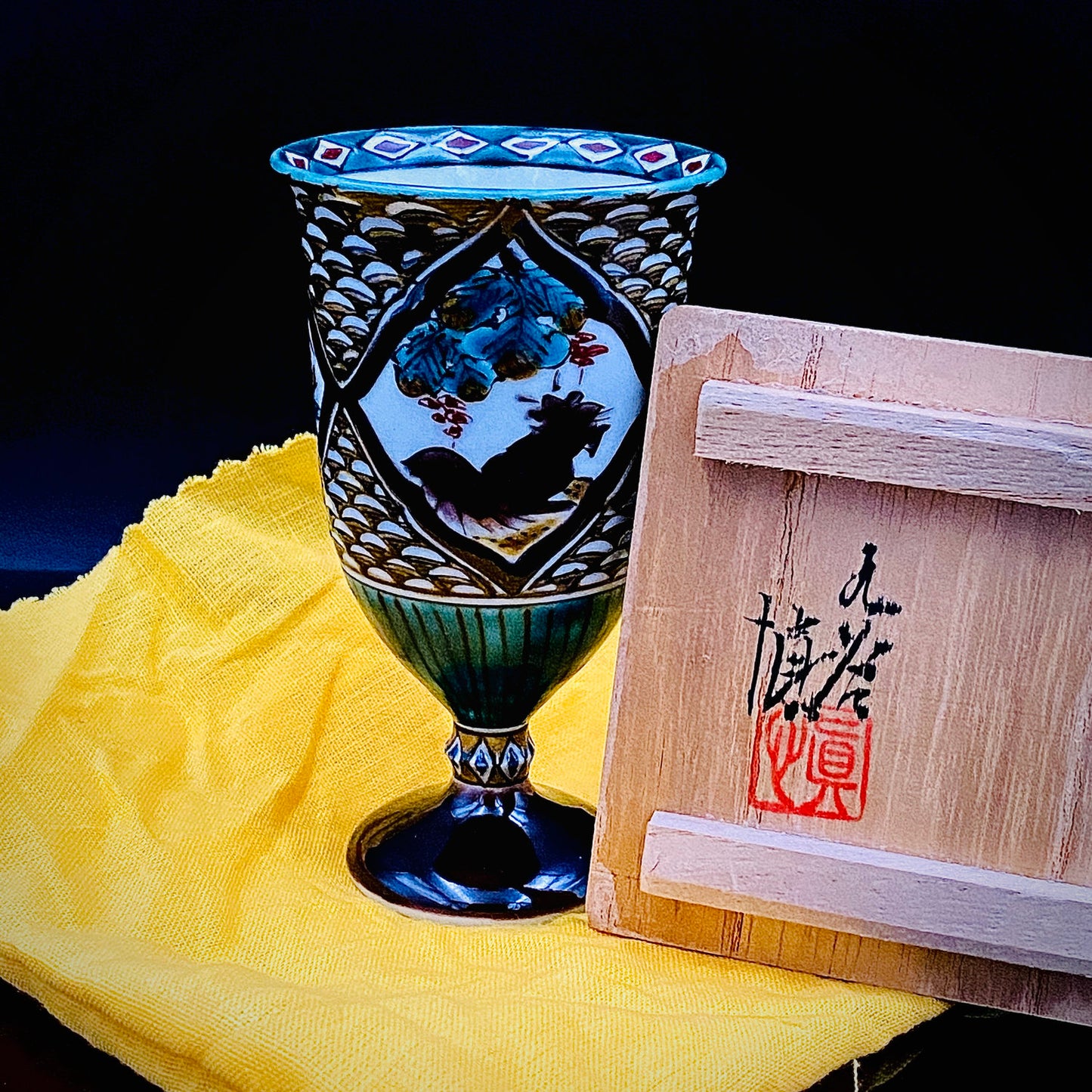 日本伝統工芸展受賞作家 松浦 慎弥 作 色絵割取馬上杯 風景鷹鳥鎮座人物文 馬上杯 馬上盃 ジャパニーズコウゲイ テイスティンググラス #244