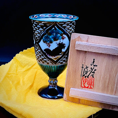 日本伝統工芸展受賞作家 松浦 慎弥 作 色絵割取馬上杯 風景鷹鳥鎮座人物文 馬上杯 馬上盃 ジャパニーズコウゲイ テイスティンググラス #244
