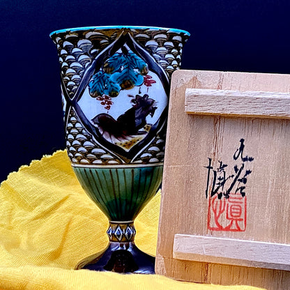 日本伝統工芸展受賞作家 松浦 慎弥 作 色絵割取馬上杯 風景鷹鳥鎮座人物文 馬上杯 馬上盃 ジャパニーズコウゲイ テイスティンググラス #244
