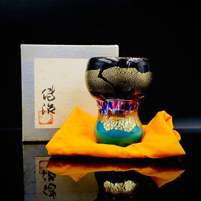 Permanent Collection Artist of the National Crafts Museum, etc., Denji Takeuchi, Hand-Blown Glass Sake Cup with Gold and Color Inclusions, Premium Shot Glass #259