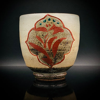 Kokugakai Member and Nojima Prize Winner Ken Matsuzaki, White-slip Red-painted Windowed Floral Sake Cup, Japanese Kogei, Ceramic Rock Cup #269
