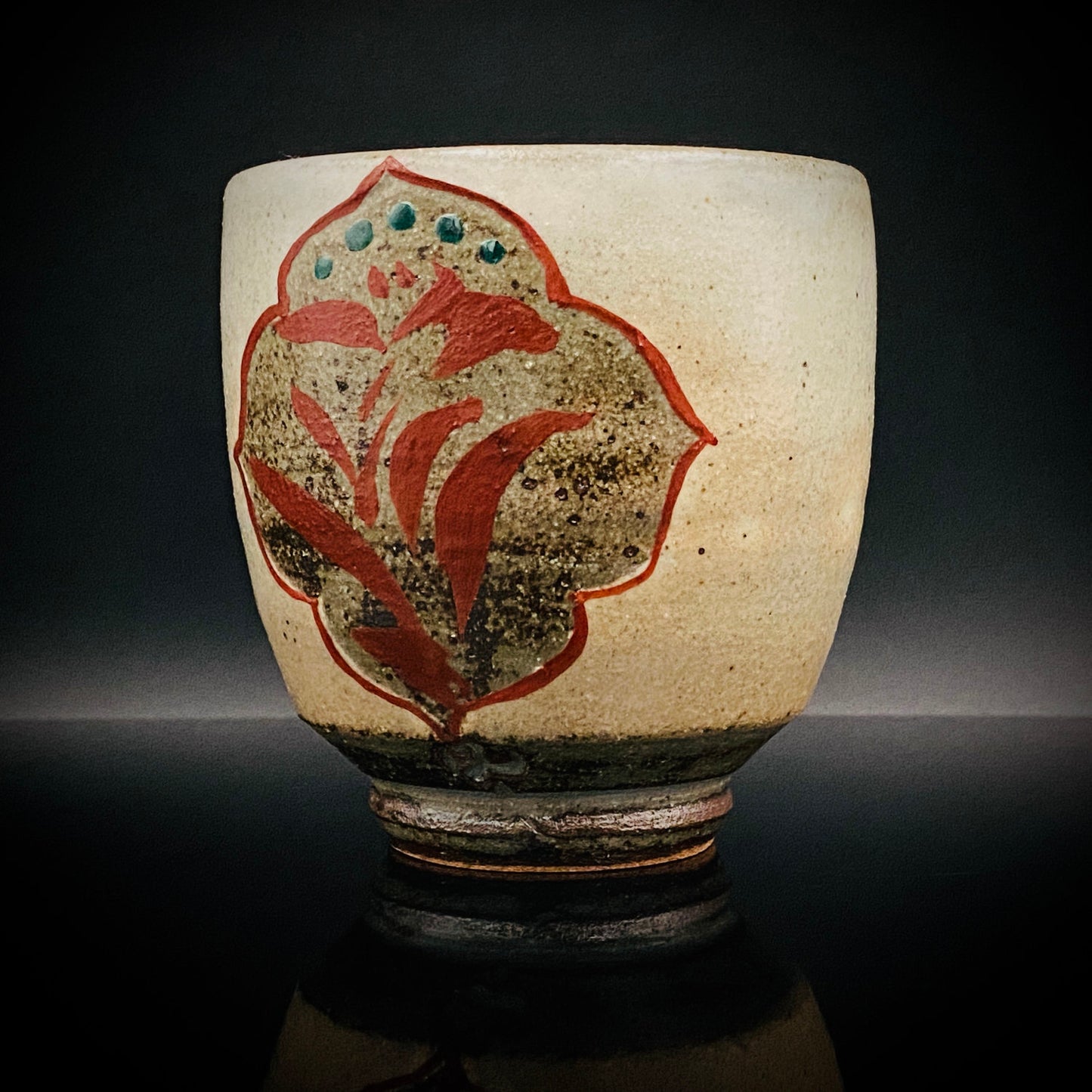 Kokugakai Member and Nojima Prize Winner Ken Matsuzaki, White-slip Red-painted Windowed Floral Sake Cup, Japanese Kogei, Ceramic Rock Cup #269