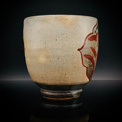 Kokugakai Member and Nojima Prize Winner Ken Matsuzaki, White-slip Red-painted Windowed Floral Sake Cup, Japanese Kogei, Ceramic Rock Cup #269