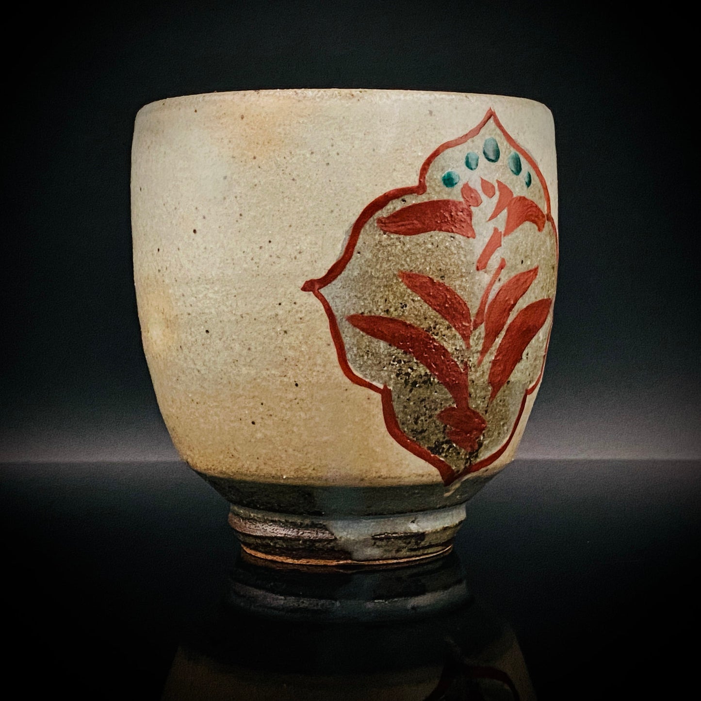 Kokugakai Member and Nojima Prize Winner Ken Matsuzaki, White-slip Red-painted Windowed Floral Sake Cup, Japanese Kogei, Ceramic Rock Cup #269