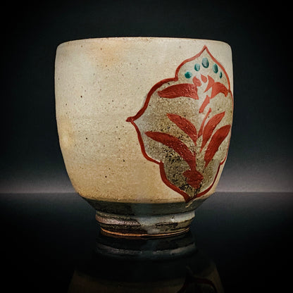Kokugakai Member and Nojima Prize Winner Ken Matsuzaki, White-slip Red-painted Windowed Floral Sake Cup, Japanese Kogei, Ceramic Rock Cup #269