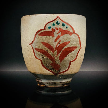Kokugakai Member and Nojima Prize Winner Ken Matsuzaki, White-slip Red-painted Windowed Floral Sake Cup, Japanese Kogei, Ceramic Rock Cup #269
