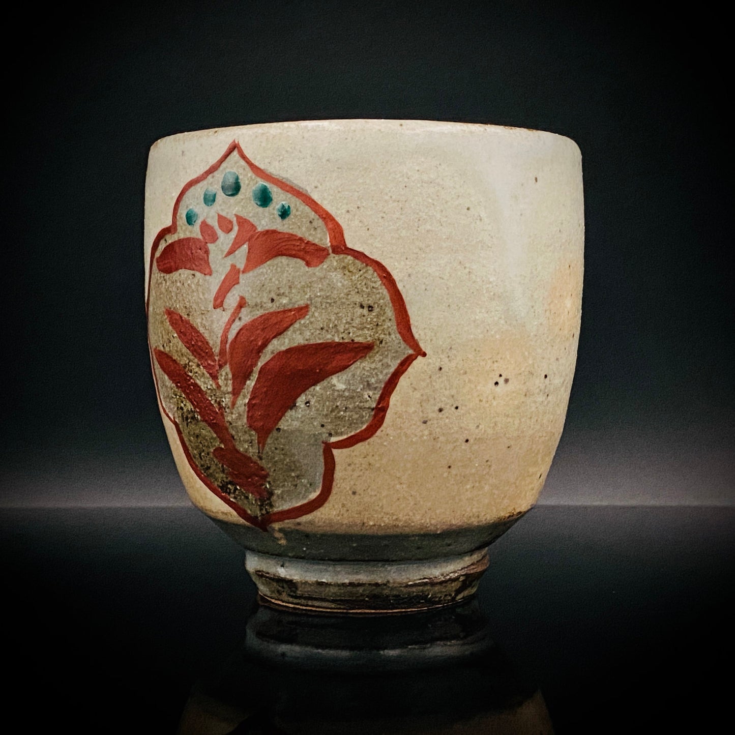 Kokugakai Member and Nojima Prize Winner Ken Matsuzaki, White-slip Red-painted Windowed Floral Sake Cup, Japanese Kogei, Ceramic Rock Cup #269