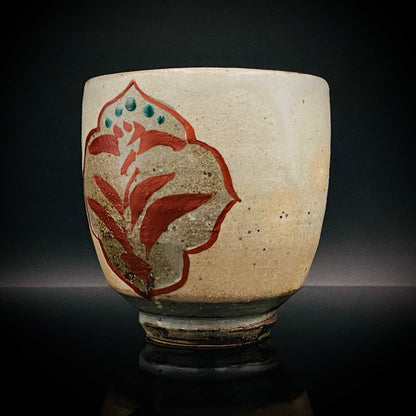 Kokugakai Member and Nojima Prize Winner Ken Matsuzaki, White-slip Red-painted Windowed Floral Sake Cup, Japanese Kogei, Ceramic Rock Cup #269