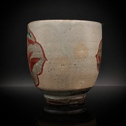 Kokugakai Member and Nojima Prize Winner Ken Matsuzaki, White-slip Red-painted Windowed Floral Sake Cup, Japanese Kogei, Ceramic Rock Cup #269