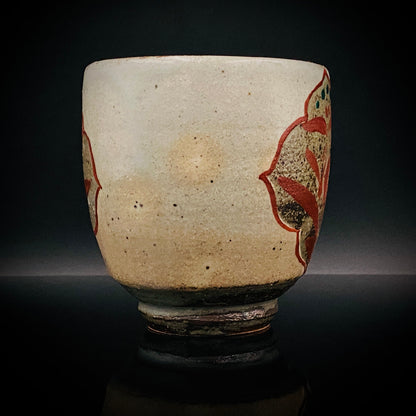 Kokugakai Member and Nojima Prize Winner Ken Matsuzaki, White-slip Red-painted Windowed Floral Sake Cup, Japanese Kogei, Ceramic Rock Cup #269