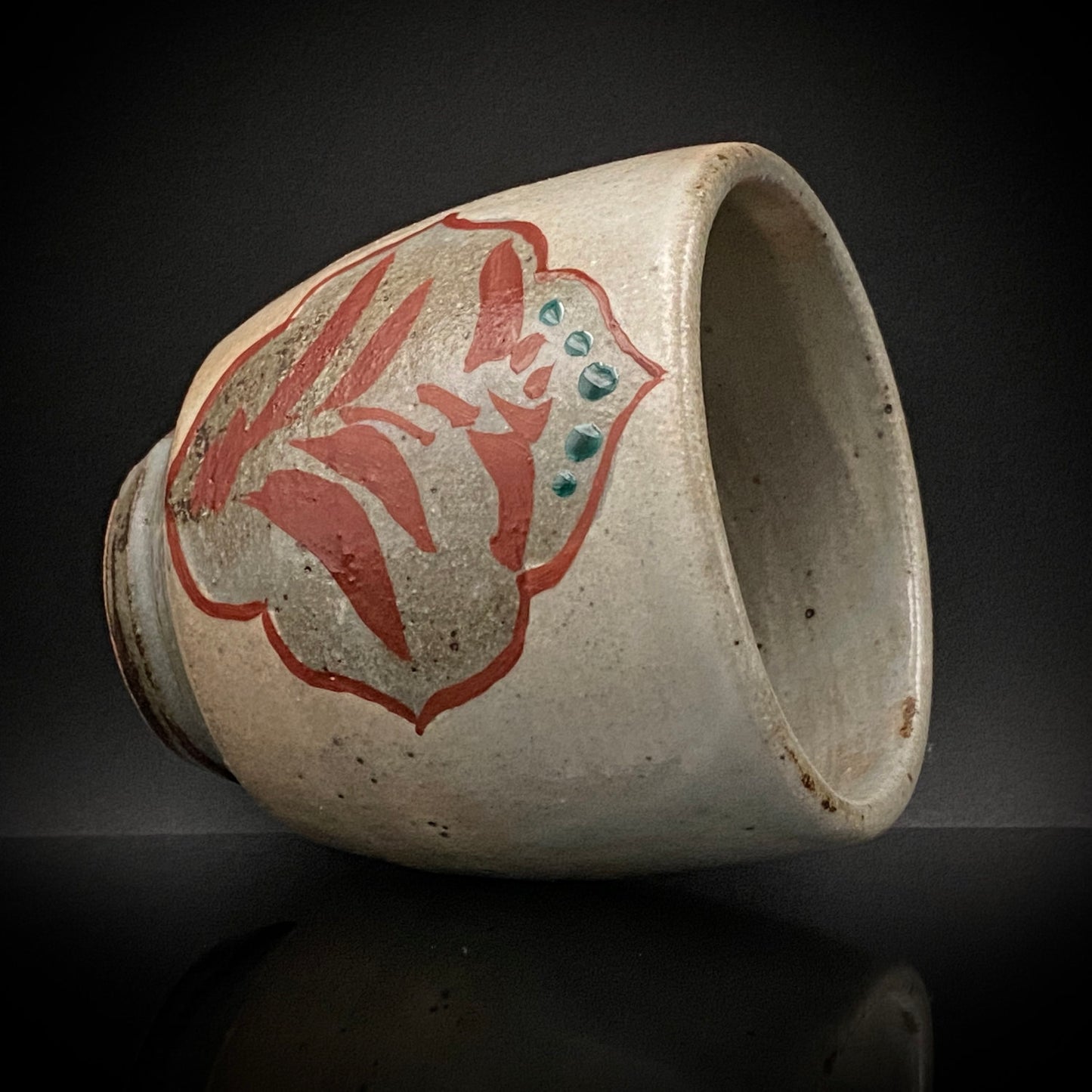 Kokugakai Member and Nojima Prize Winner Ken Matsuzaki, White-slip Red-painted Windowed Floral Sake Cup, Japanese Kogei, Ceramic Rock Cup #269