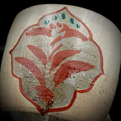Kokugakai Member and Nojima Prize Winner Ken Matsuzaki, White-slip Red-painted Windowed Floral Sake Cup, Japanese Kogei, Ceramic Rock Cup #269