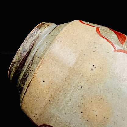Kokugakai Member and Nojima Prize Winner Ken Matsuzaki, White-slip Red-painted Windowed Floral Sake Cup, Japanese Kogei, Ceramic Rock Cup #269