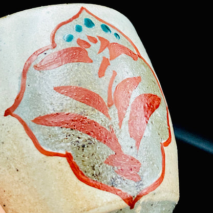 Kokugakai Member and Nojima Prize Winner Ken Matsuzaki, White-slip Red-painted Windowed Floral Sake Cup, Japanese Kogei, Ceramic Rock Cup #269