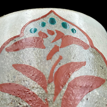Kokugakai Member and Nojima Prize Winner Ken Matsuzaki, White-slip Red-painted Windowed Floral Sake Cup, Japanese Kogei, Ceramic Rock Cup #269