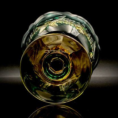 黄綬褒章受章作家 黒木 国昭 作 綾切子 緑琥珀重ね色被せ 馬上杯 テイスティンググラス #286