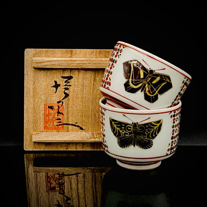 Tojiro Kitade, Councillor of the Nitten Exhibition and First Professor at Kanazawa College of Art: Polychrome Enamel and Gold Geometric Pattern Butterfly Design, A Pinnacle of Contemporary Kutani Ware Two-Piece Set #304