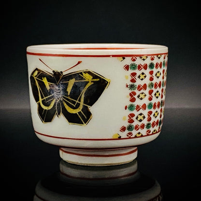 Tojiro Kitade, Councillor of the Nitten Exhibition and First Professor at Kanazawa College of Art: Polychrome Enamel and Gold Geometric Pattern Butterfly Design, A Pinnacle of Contemporary Kutani Ware Two-Piece Set #304