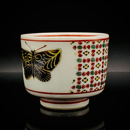 Tojiro Kitade, Councillor of the Nitten Exhibition and First Professor at Kanazawa College of Art: Polychrome Enamel and Gold Geometric Pattern Butterfly Design, A Pinnacle of Contemporary Kutani Ware Two-Piece Set #304