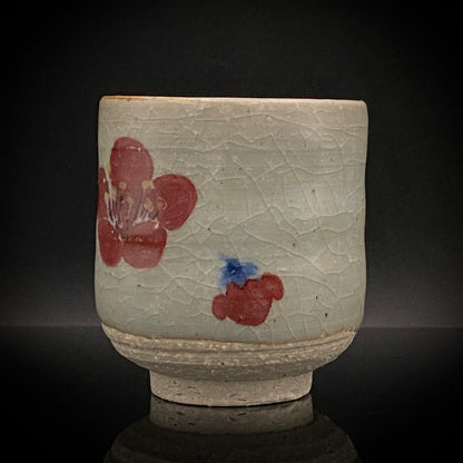 兼具油画与陶艺双璧之不世出的跨界巨匠 盐原文二（Shiohara Bunji） 最晚年遗作 九谷烧 红梅图 咕噜杯（酒杯） 饮酒小杯 #293