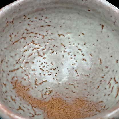 Purchased by Former Prime Ministers of Japan: Master Isshin Morishima, Hagi Ware Katamigawari Tea Bowl with Loquat-Toned Base and Shirahagi Glaze, Whisky Rock Glass-Style Sake Vessel #300