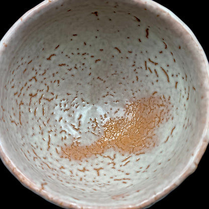 Purchased by Former Prime Ministers of Japan: Master Isshin Morishima, Hagi Ware Katamigawari Tea Bowl with Loquat-Toned Base and Shirahagi Glaze, Whisky Rock Glass-Style Sake Vessel #300